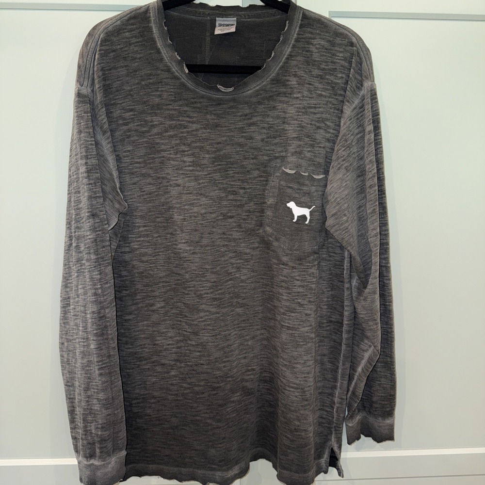 PINK Victoria's Secret Gray Distressed Long Sleeve Pocket Dog Graphic Tee Large